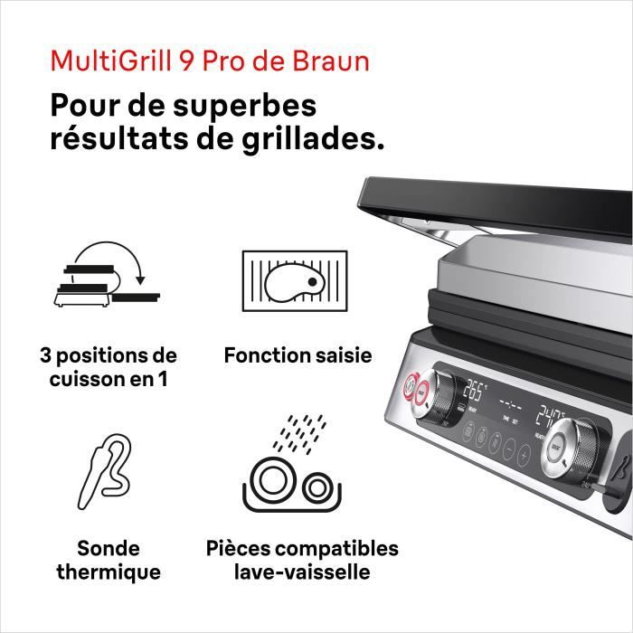 Grill multifonctions - BRAUN - Multi Grill 9 Pro - 2200 W - 3 positions de chauffe - Noir / Acier