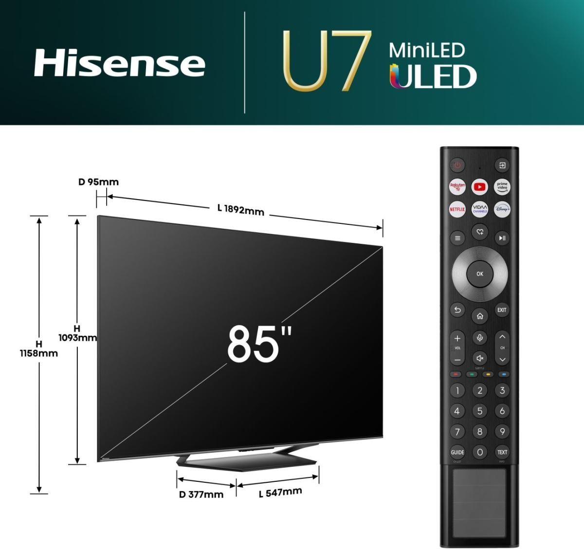 Hisense 85U7NQ - TV QLED MiniLED 85 (215 cm) - 4K UHD 3840x2160 - 144 Hz - HDR10+ - Smart TV - 4xHDMI 2.1 - WiFi