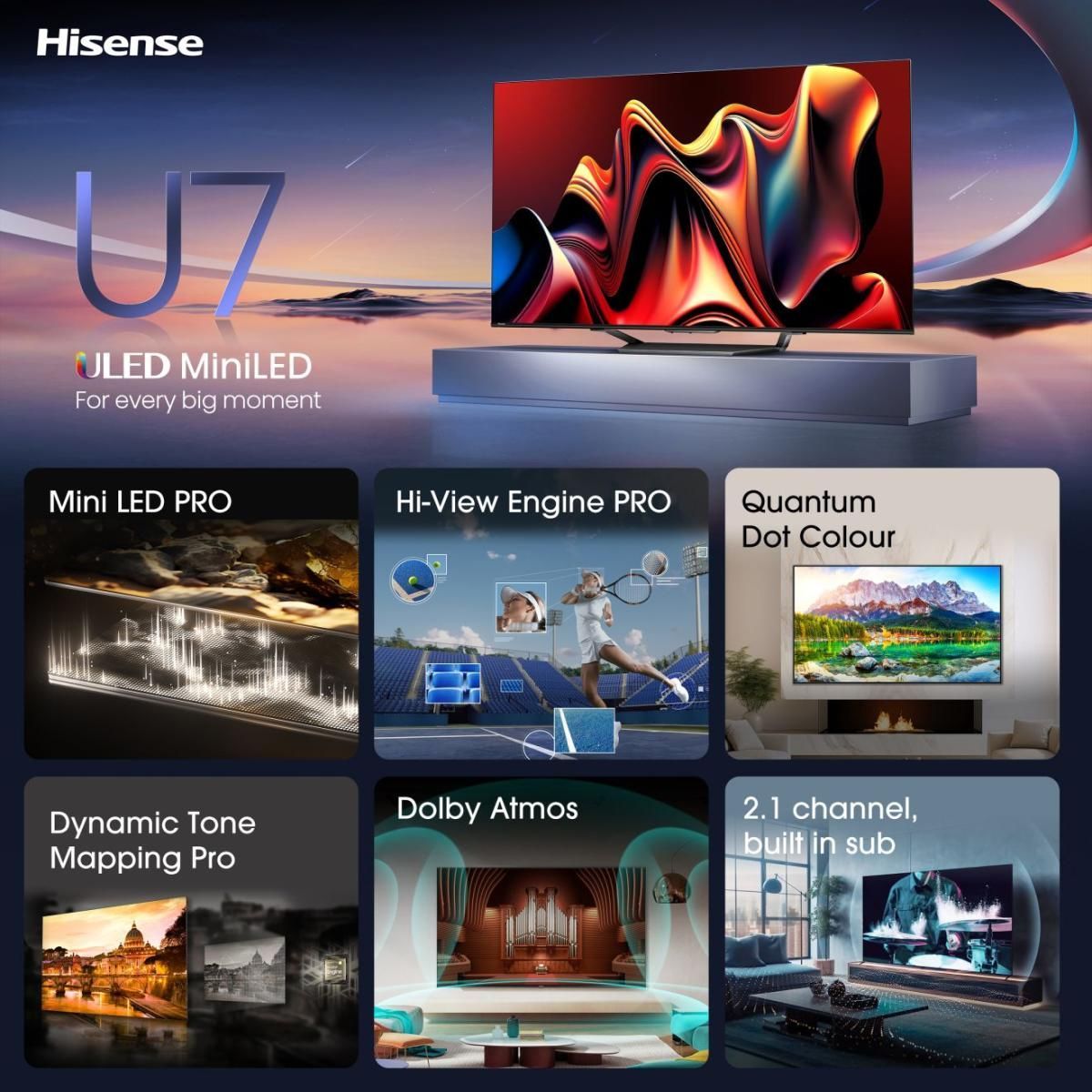 Hisense 85U7NQ - TV QLED MiniLED 85 (215 cm) - 4K UHD 3840x2160 - 144 Hz - HDR10+ - Smart TV - 4xHDMI 2.1 - WiFi