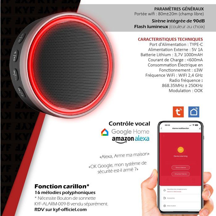 Kit Alarme -KYF - 868Mhz - Wifi sirene intégré 90dB - 2 Flashs lumineux - 2 Télécommandes