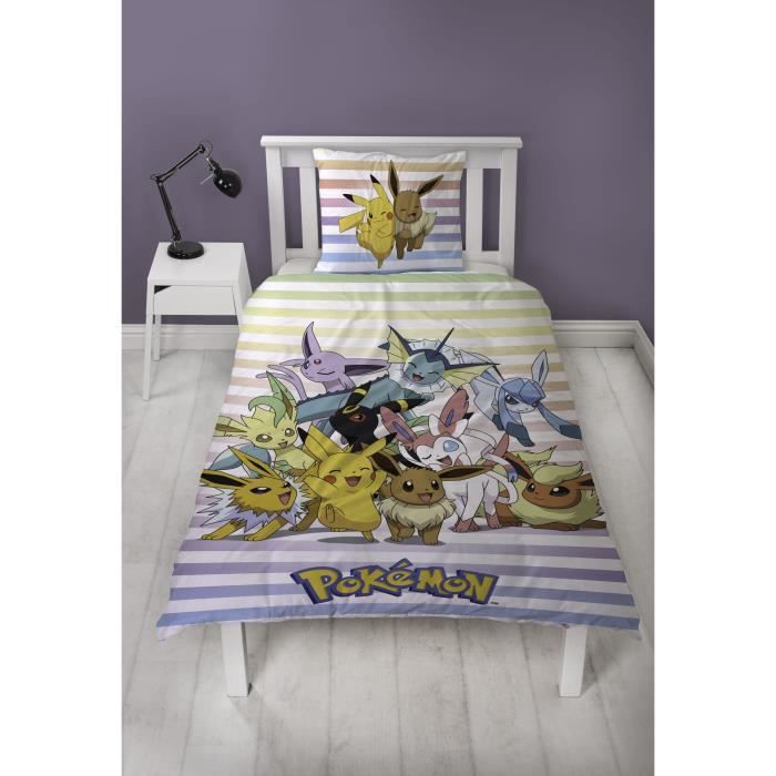 Parure de lit réversible - POKEMON - Pikachu et Evoli - Microfibre - 1 housse de couette 140 x 200 cm + 1 taie 63 x 63 cm