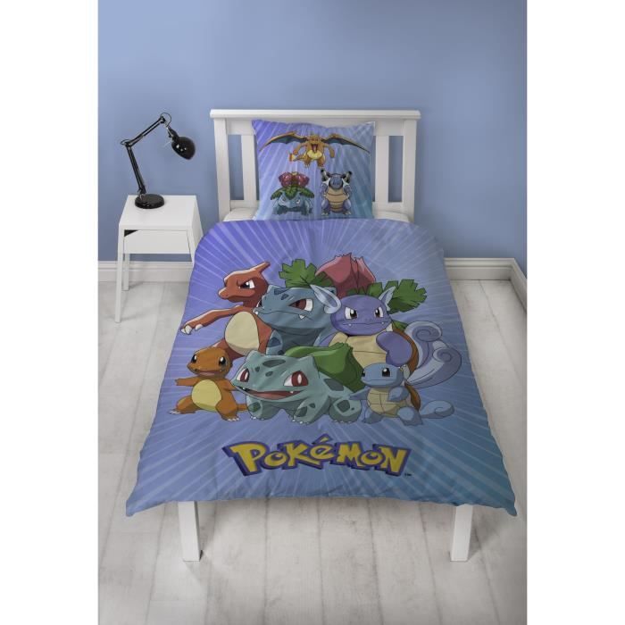 Parure de lit réversible - POKEMON - Pikachu et Starter - Bleu - Microfibre - 1 housse de couette 140 x 200 cm + 1 taie 63 x 63 cm