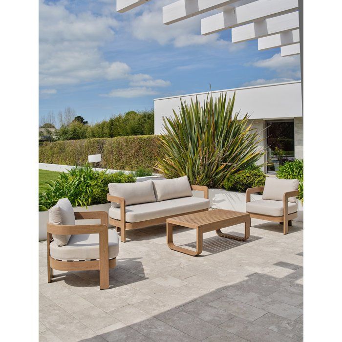 Salon bas de jardin - Ecru - Aluminium imitation bois - 5 places - Davao
