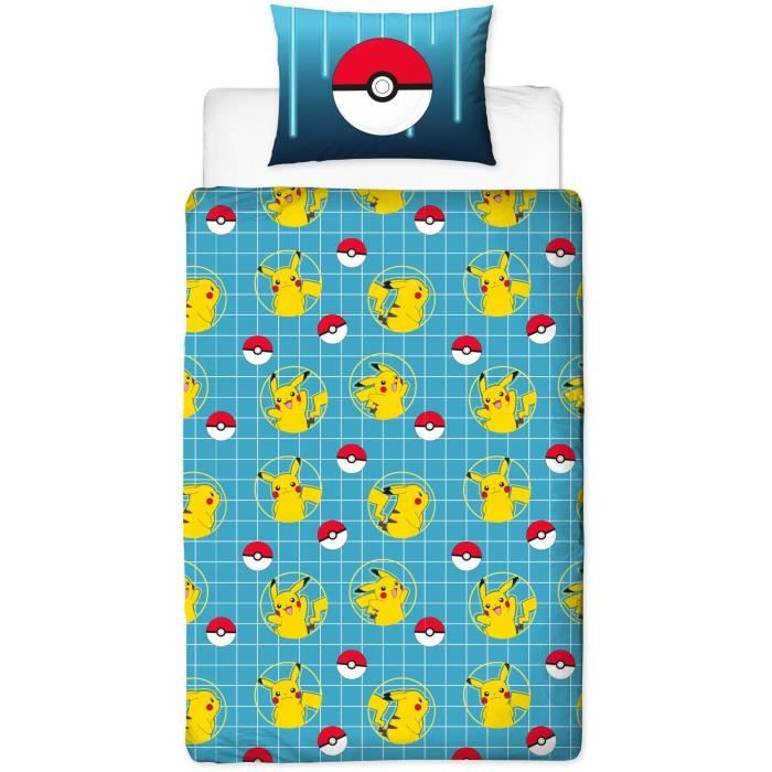 Parure de lit réversible - POKEMON - Pikachu Laser - Microfibre - 1 housse de couette 140 x 200 cm + 1 taie 63 x 63 cm