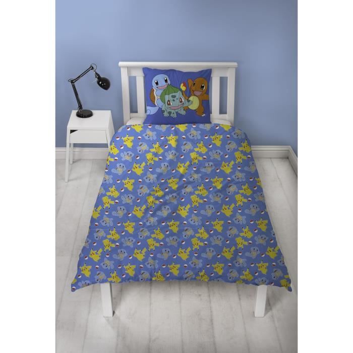 Parure de lit réversible - POKEMON - Pikachu et Starter 1G II - Microfibre - 1 housse de couette 140 x 200 cm + 1 taie 63 x 63 cm