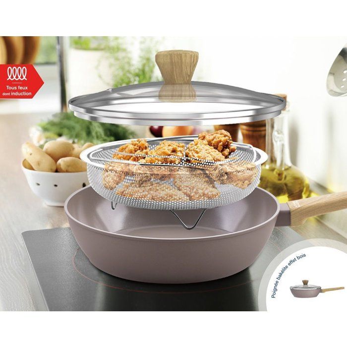 Sauteuse - Tous feux dont induction - ARTHUR MARTIN - AM9910 - Revetement céramique - Ř 28 cm - Couvercle et panier inox - Taupe