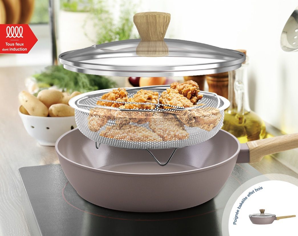 Sauteuse - Tous feux dont induction - ARTHUR MARTIN - AM9910 - Revetement céramique - Ø 24 cm - Couvercle et panier inox - Taupe