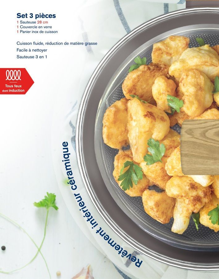 Sauteuse - Tous feux dont induction - ARTHUR MARTIN - AM9910 - Revetement céramique - Ø 24 cm - Couvercle et panier inox - Taupe