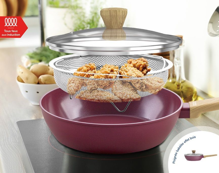 Sauteuse - Tous feux dont induction - ARTHUR MARTIN - AM3056 - Revetement céramique - Ø 24 cm - Couvercle et panier inox - Prune