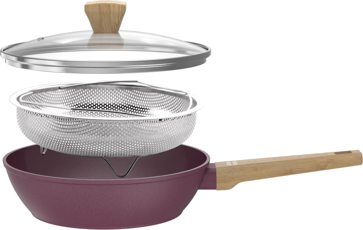 Sauteuse - Tous feux dont induction - ARTHUR MARTIN - AM3056 - Revetement céramique - Ø 24 cm - Couvercle et panier inox - Prune