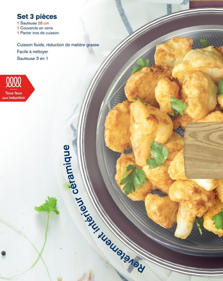 Sauteuse - Tous feux dont induction - ARTHUR MARTIN - AM3056 - Revetement céramique - Ø 24 cm - Couvercle et panier inox - Prune