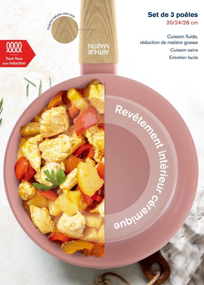 Set de 3 poeles - Tous feux dont induction - ARTHUR MARTIN - AM5388 - Revetement céramique - Ø 20-24-28 cm - Rose