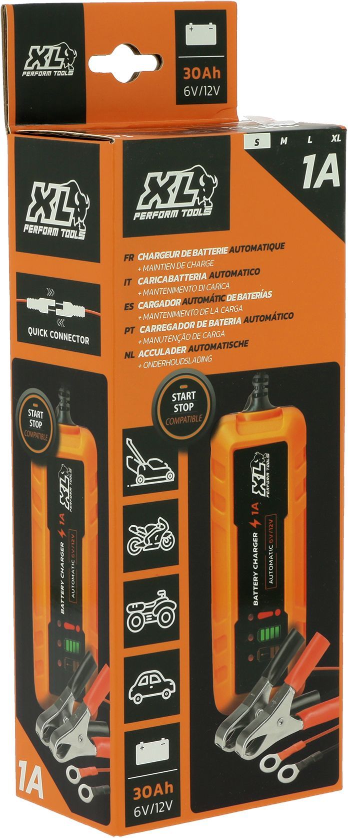 Chargeur batterie auto - XLPT - 1A - 20W - 12V - 3 m - Inclus câble détachable avec cosses a oeillet et crocodile