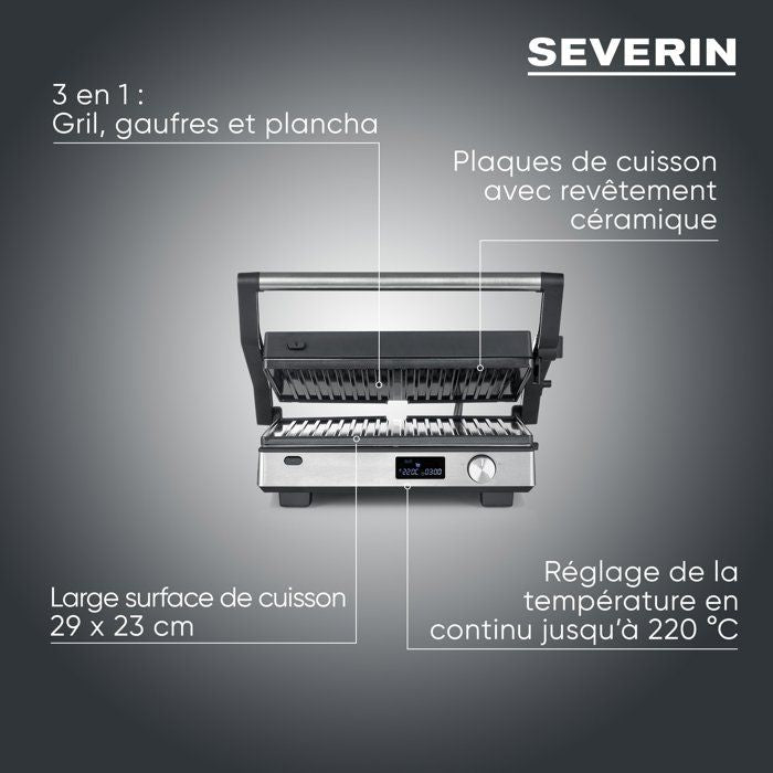 Gril multifonction 3-en-1 - SEVERIN - KG 2380 - 2000 W - 3 jeux de plaques - Ecran LED - Noir / Inox
