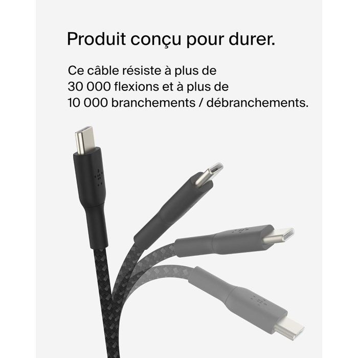 Câble tressé - BELKIN - USB-C vers USB-C - 2 m - Blanc