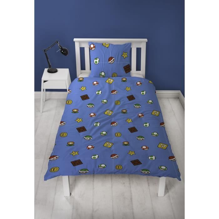 Parure de lit réversible - MARIO BROS - Mario et ses amis IV - Microfibre - 1 housse de couette 140 x 200 cm + 1 taie 63 x 63 cm