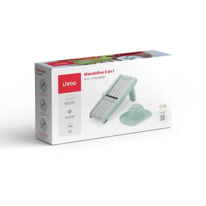 Mandoline 3 en 1 - LIVOO - MEN429 - Acier inoxydable - 3 a 9 mm - Poignée amovible - Poussoir avec piques - Pieds antidérapants