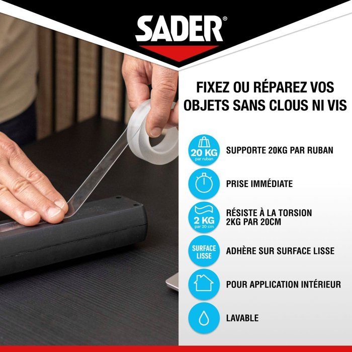Adhésif double face extra - SADER - Fixer sans percer - Invisible - Décollable/réutilisable - Transparent - 1.5 m x 19 mm