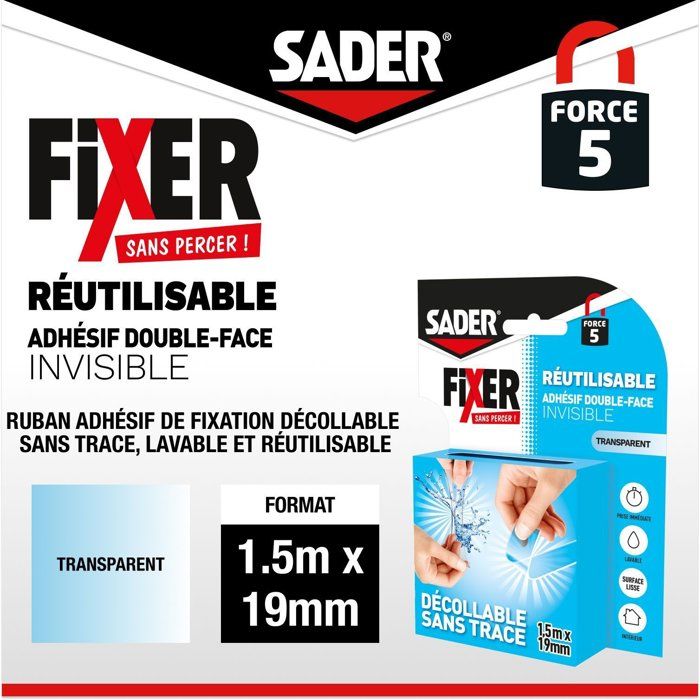 Adhésif double face extra - SADER - Fixer sans percer - Invisible - Décollable/réutilisable - Transparent - 1.5 m x 19 mm
