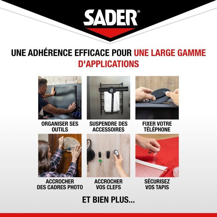 Adhésif double face extra - SADER - Fixer sans percer - Invisible - Décollable/réutilisable - Transparent - 1.5 m x 19 mm