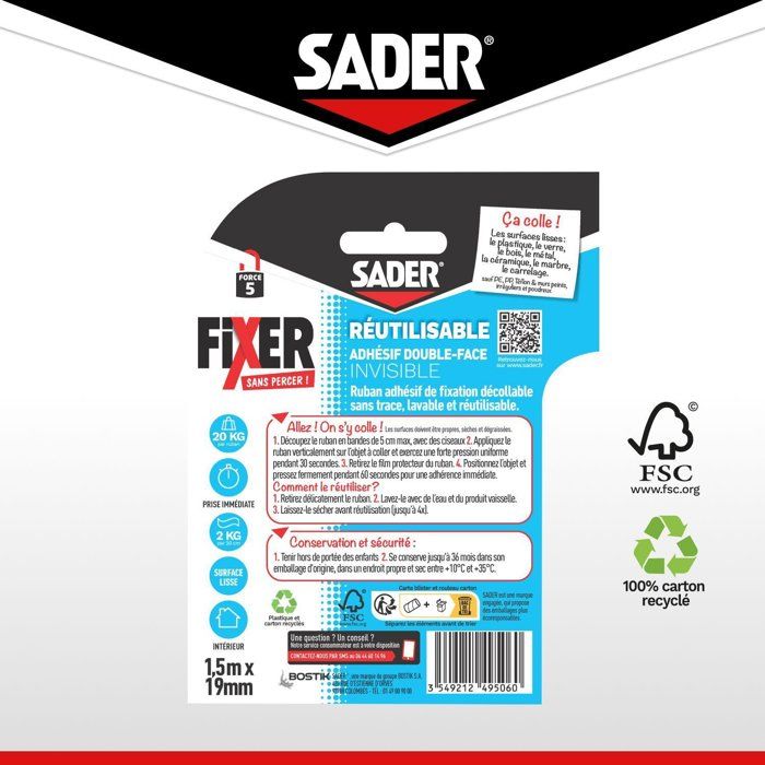 Adhésif double face extra - SADER - Fixer sans percer - Invisible - Décollable/réutilisable - Transparent - 1.5 m x 19 mm