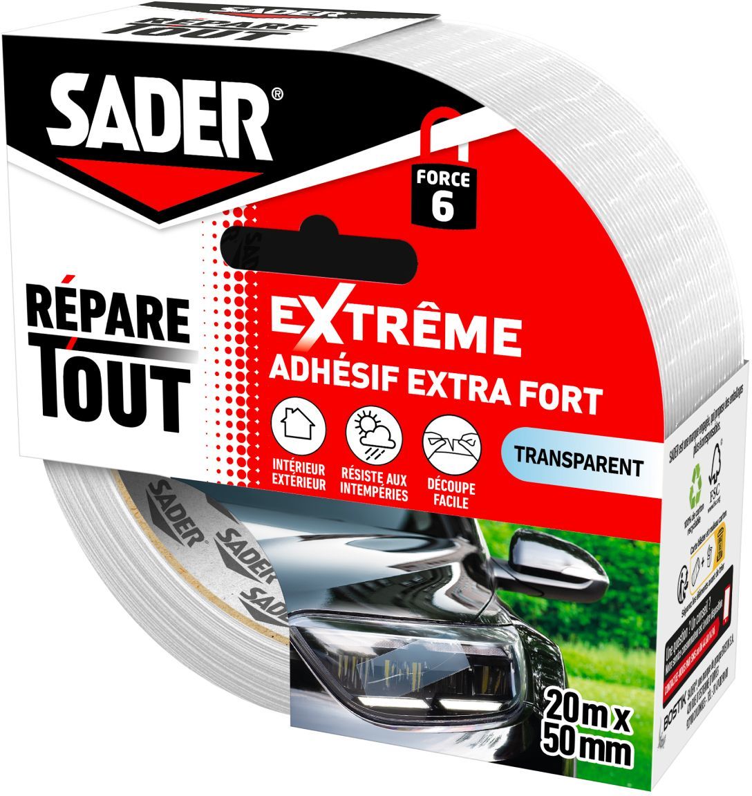 Adhésif extra fort - SADER - Repare tout extreme - Transparent - Intérieur & Exterieur - Toutes Surfaces - 20 m x 50 mm