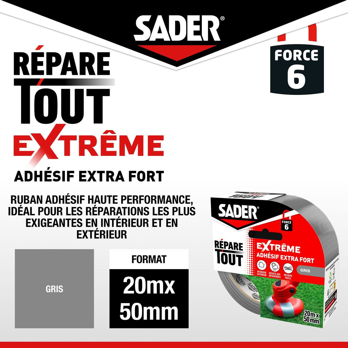 Adhésif extra fort - SADER - Repare tout extreme - Gris - Intérieur & Exterieur - Toutes surfaces - Facile a découper - 20 m x 50 mm
