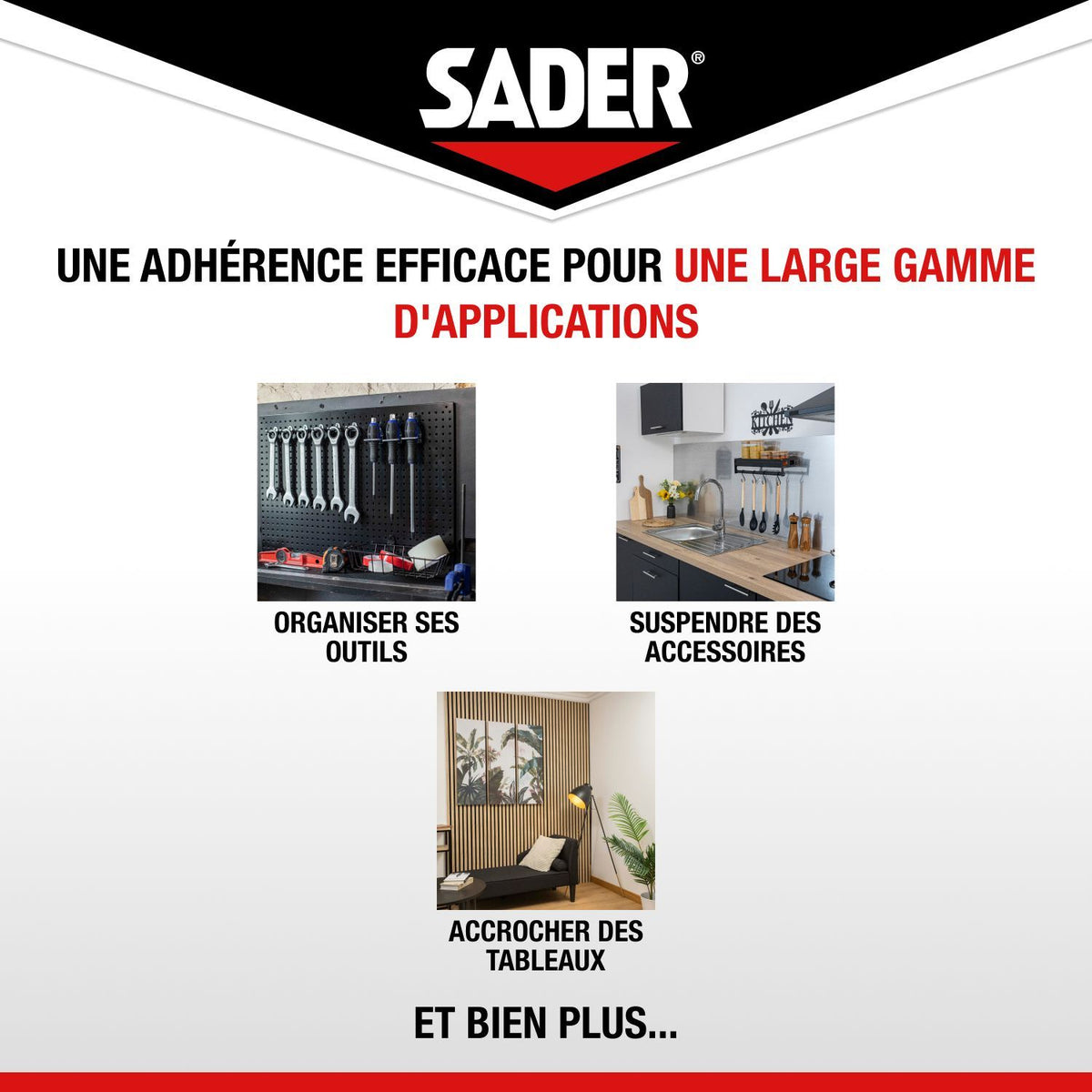 Adhésif double face extra fort - SADER - Fixer sans percer - Extreme - Intérieur - Supporte jusqu'a 10 Kg - Blanc - 2 m x 19 mm