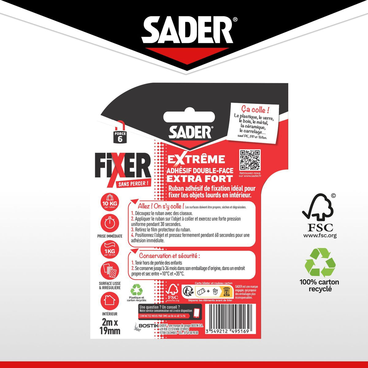 Adhésif double face extra fort - SADER - Fixer sans percer - Extreme - Intérieur - Supporte jusqu'a 10 Kg - Blanc - 2 m x 19 mm