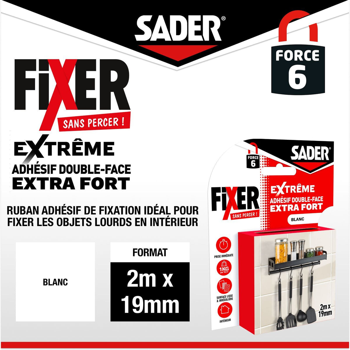 Adhésif double face extra fort - SADER - Fixer sans percer - Extreme - Intérieur - Supporte jusqu'a 10 Kg - Blanc - 2 m x 19 mm