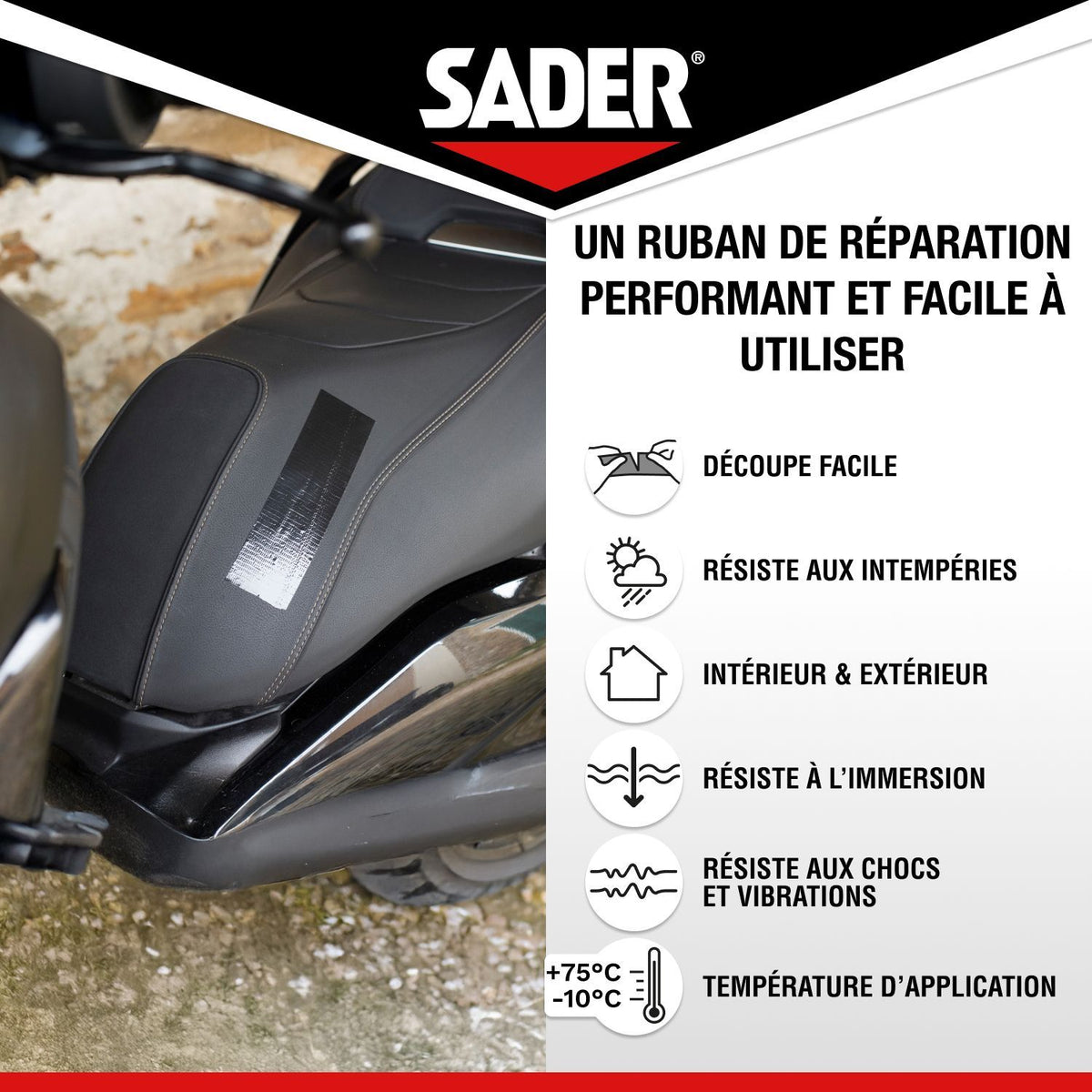 Adhésif extra fort - SADER - Repare tout extreme - Intérieur & Exterieur - Toutes surfaces - Noir - Facile a découper - 20 m x 50 mm