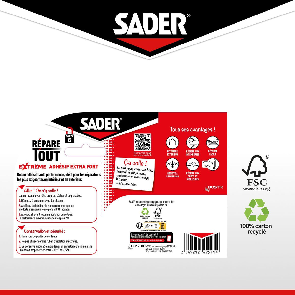 Adhésif extra fort - SADER - Repare tout extreme - Intérieur & Exterieur - Toutes surfaces - Noir - Facile a découper - 20 m x 50 mm