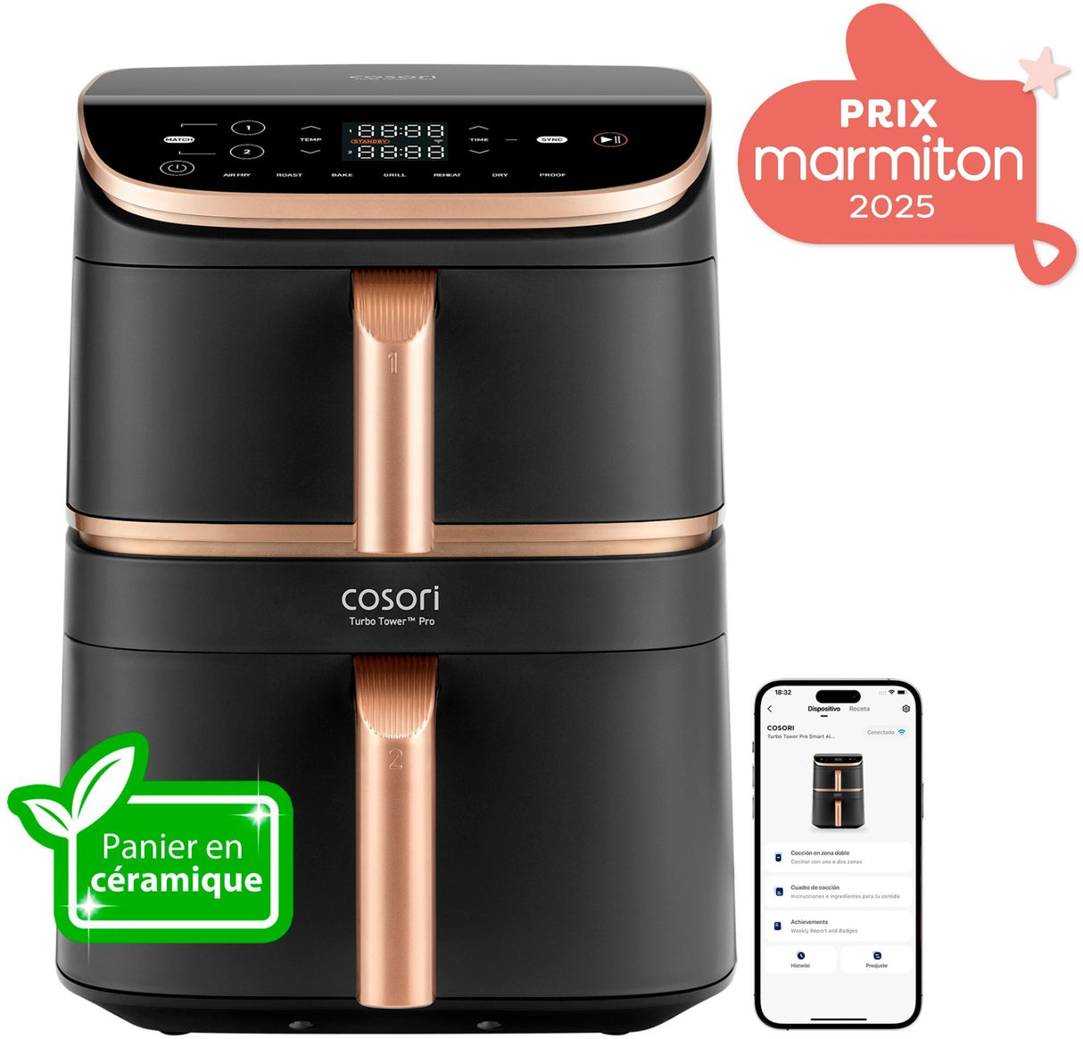 Friteuse sans huile COSORI - Turbo Tower Pro Smart - Capacité 10,8L - 2 cuves - 7 programmes - 2630W - Noir