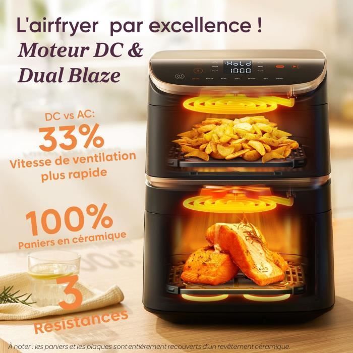 Friteuse sans huile COSORI - Turbo Tower Pro Smart - Capacité 10,8L - 2 cuves - 7 programmes - 2630W - Noir