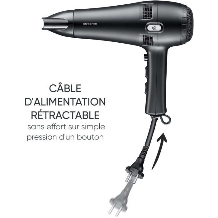 Seche-cheveux avec câble rétractable - SEVERIN - HT 0165 - Diffuseur & Concentrateur - 2100 W - 3 niveaux de température - Noir