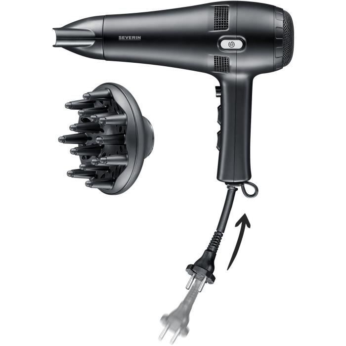 Seche-cheveux avec câble rétractable - SEVERIN - HT 0165 - Diffuseur & Concentrateur - 2100 W - 3 niveaux de température - Noir