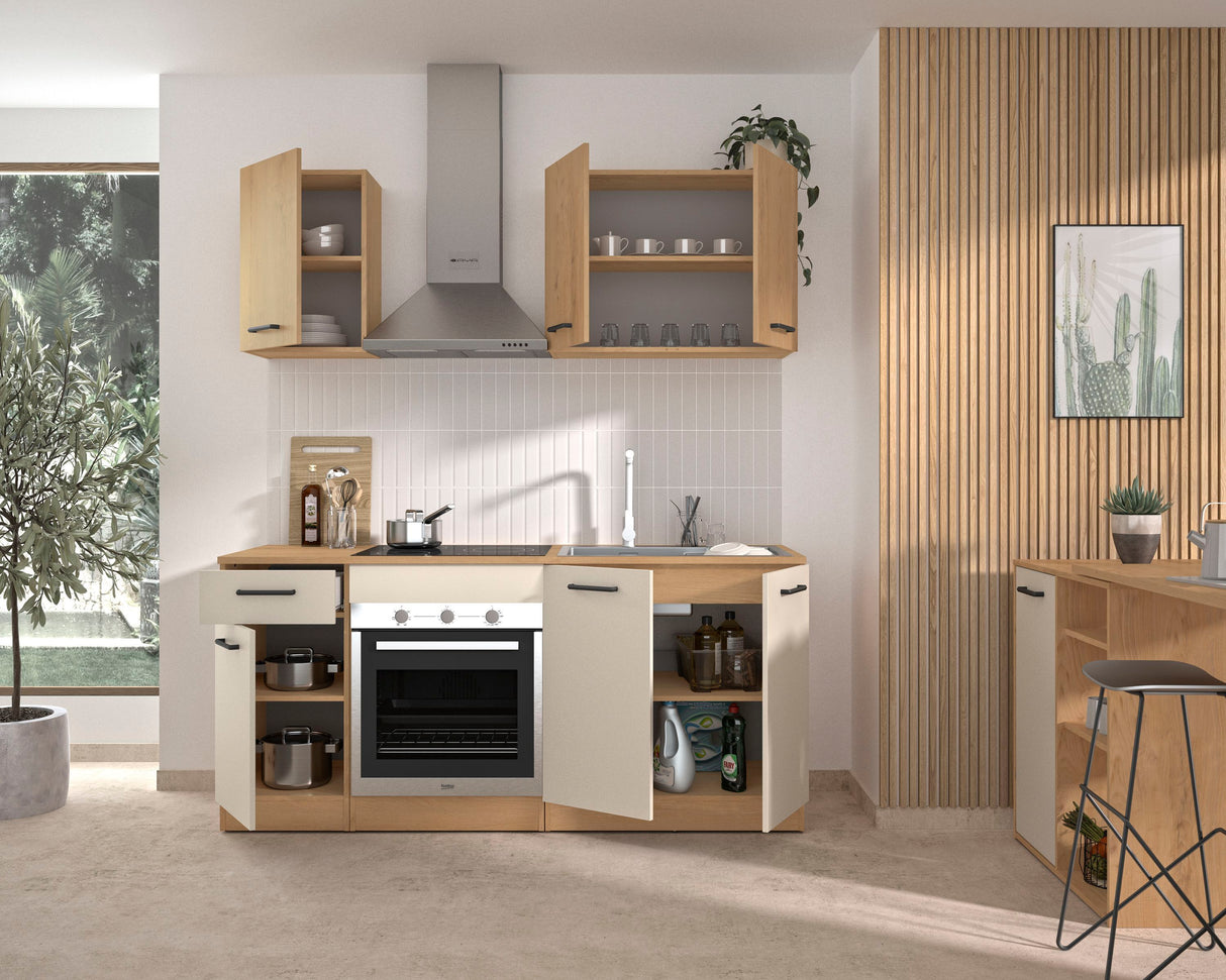 ALPAGA - Cuisine complete - Chene silva / Grege - 180 x 60/31 x 211 cm - Avec meuble four et plan de travail - GAMI