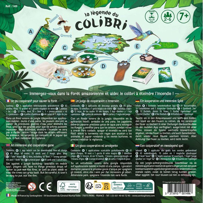 Jeu de société Coopératif - SENTOSPHERE - La légende du colibri - Sauver la foret en équipe - Adresse - Réflexes - Des 7 ans