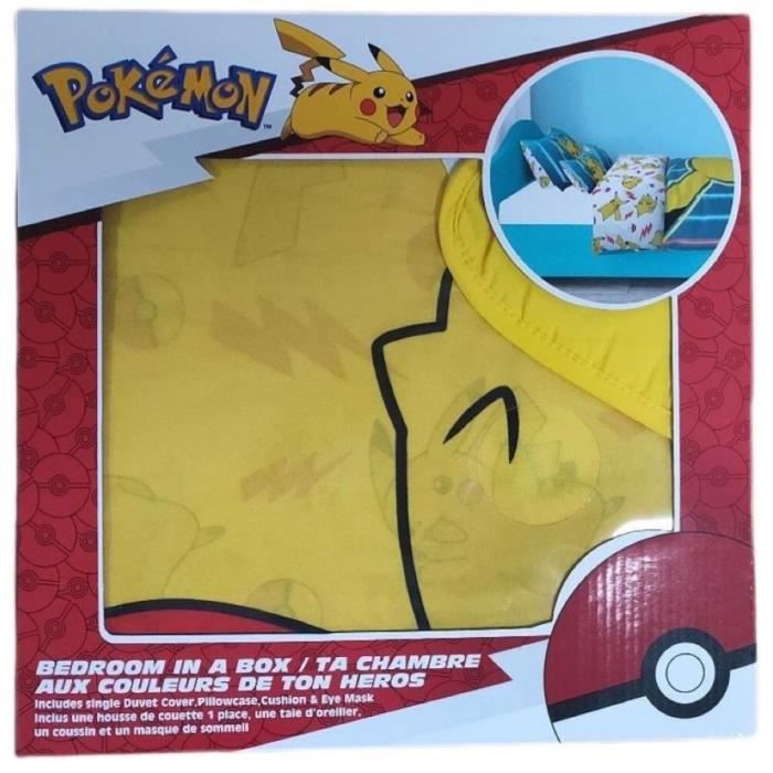 Set de chambre - POKEMON - Pikachu - Housse 140 x 200 cm + Taie 63 x 63 cm + Coussin 30 x 30 cm + Masque de sommeil