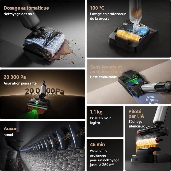Aspirateur Balai Laveur - MOVA X4 PLUS - Anti-enchevetrement - Nettoyage Auto 100 °C - Aspiration 20 kPa