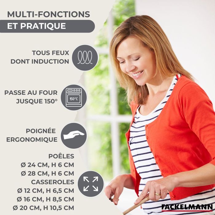 Batterie de cuisine - Tous feux dont induction - FACKELMANN - Geneva - Inox - 2 poeles 24 et 28, 3 casseroles et 6 ustensiles