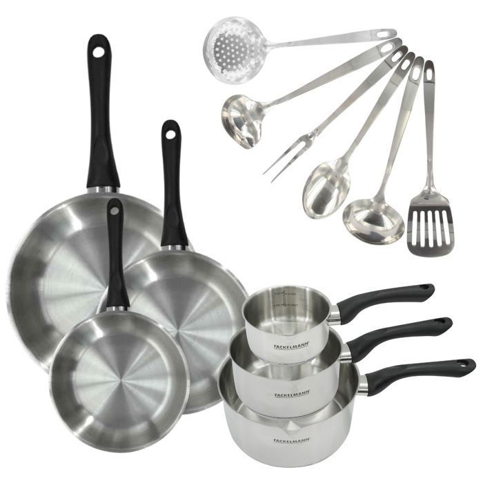 Batterie de cuisine a induction - FACKELMANN - Geneva - Inox 18/8 - 12 pieces - 3 poeles, 3 casseroles et 6 ustensiles