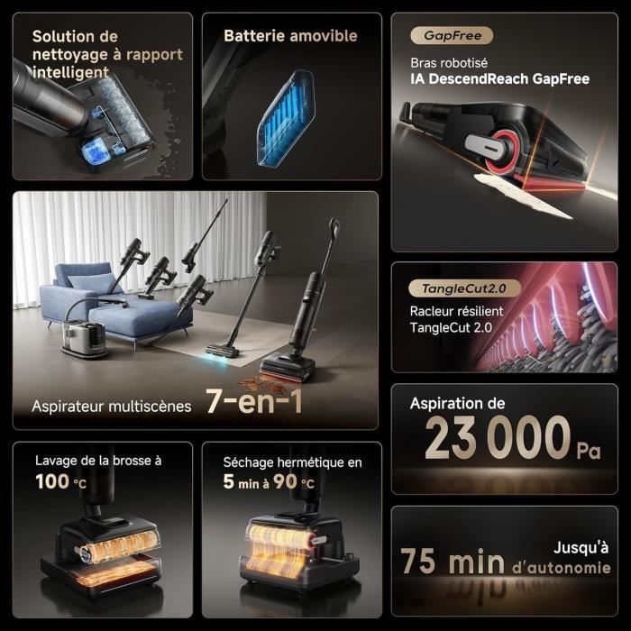 DREAME H15 Mix Aspirateur Laveur 7-en-1 - Bras robotique IA - Nettoyage des Bords Triple - 23 kPa - Lavage Brosse a l'eau a 100 °C