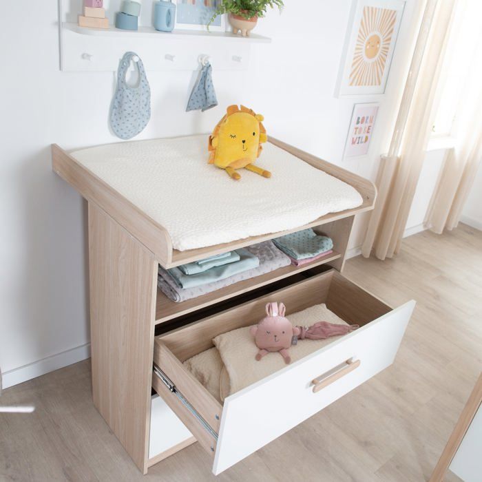 Commode a langer évolutive - ROBA - CABANE - 2 tiroirs - Extension a langer amovible - Chene / Blanc