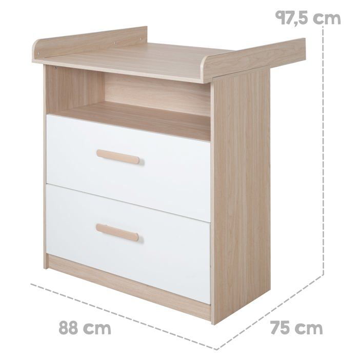 Commode a langer évolutive - ROBA - CABANE - 2 tiroirs - Extension a langer amovible - Chene / Blanc