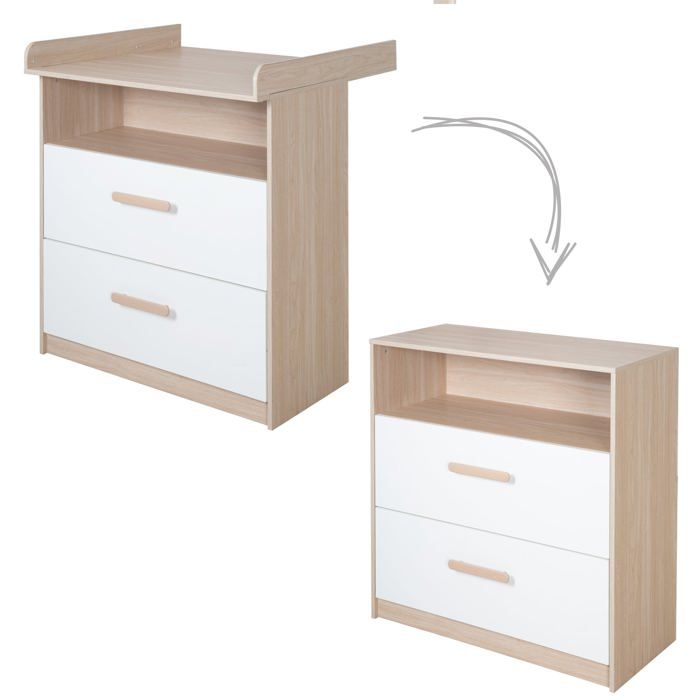 Commode a langer évolutive - ROBA - CABANE - 2 tiroirs - Extension a langer amovible - Chene / Blanc