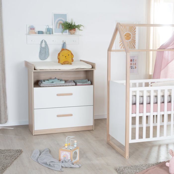 Commode a langer évolutive - ROBA - CABANE - 2 tiroirs - Extension a langer amovible - Chene / Blanc