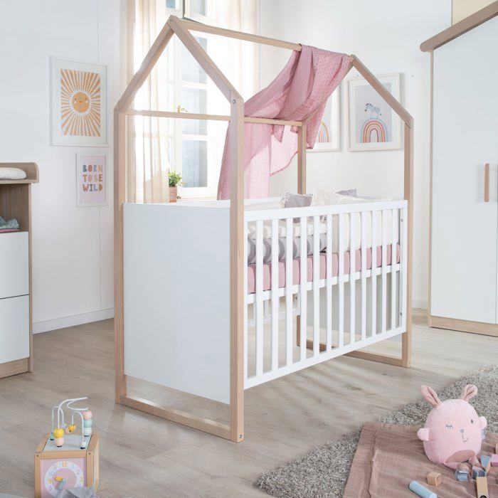 Lit bébé et cododo 2-en-1 - 60 x 120 cm - ROBA - CABANE - Chene / Blanc