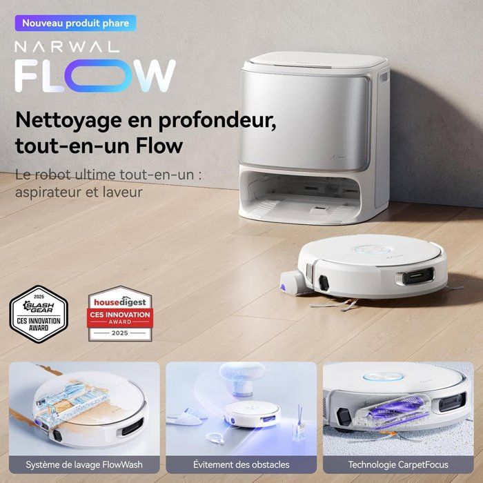 NARWAL FLOW - Aspirateur Robot Laveur avec Station - 22 000 Pa - DualFlow Anti-Enchevetrement Poil Animaux - Systeme Lavage FlowWash