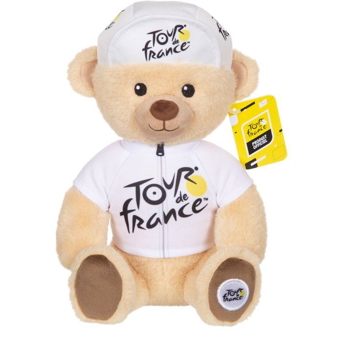 Peluche officielle du Tour de France - GIPSY TOYS - Ours maillot et casquette meilleur jeune vainqueur blanc - 24 cm
